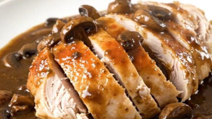 A whole chicken cooked in a slow cooker, smothered in a rich, creamy mushroom sauce with visible mushroom slices.
