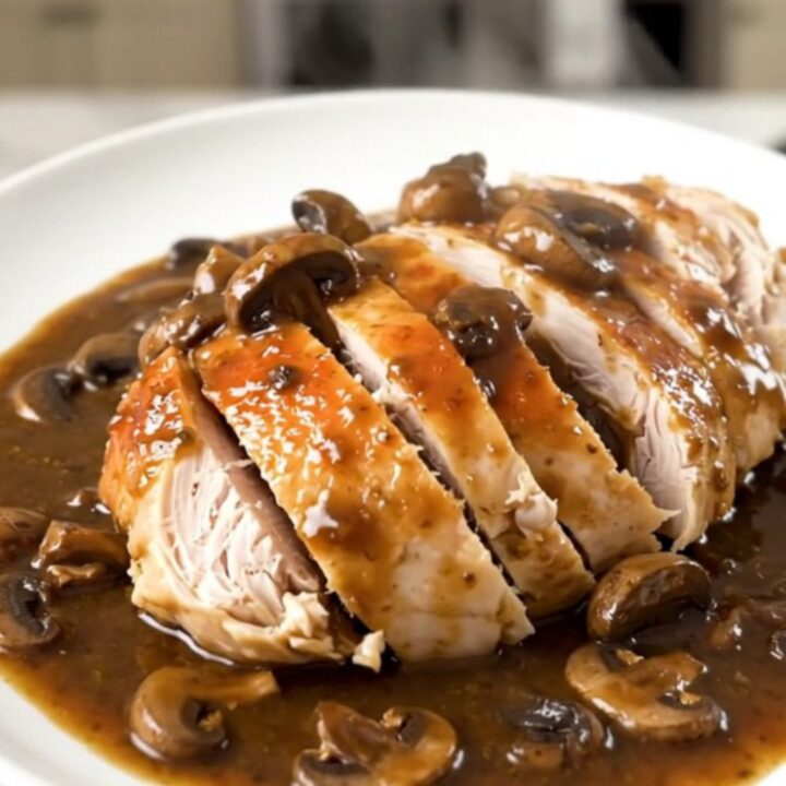 A whole chicken cooked in a slow cooker, smothered in a rich, creamy mushroom sauce with visible mushroom slices.