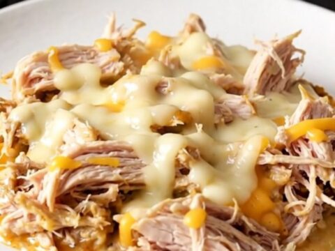 A close-up view of creamy shredded chicken with melted white cheddar in a slow cooker.