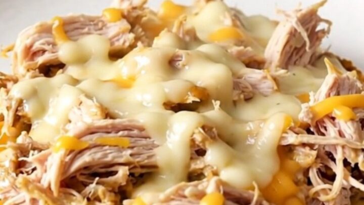 A close-up view of creamy shredded chicken with melted white cheddar in a slow cooker.