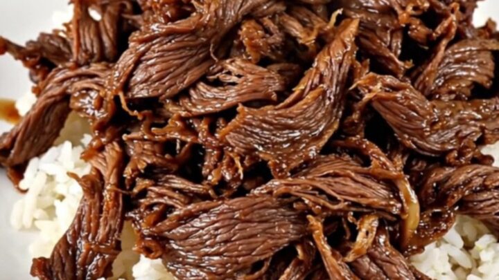 A close-up of tender, glistening shredded beef served over a mound of white rice in a white bowl.
