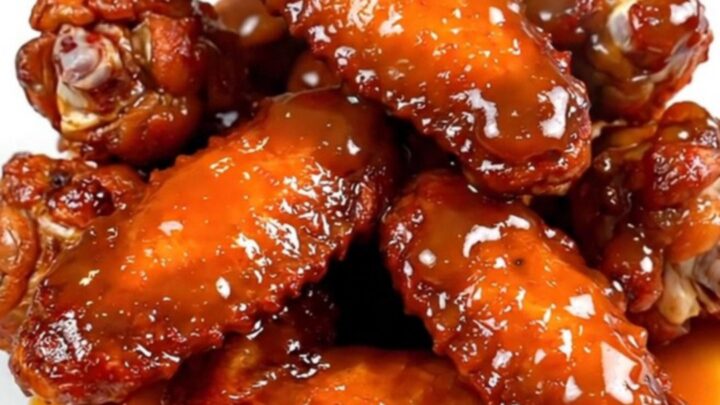 A top-down view of raw chicken wings and ingredients in a black ceramic slow cooker insert.
