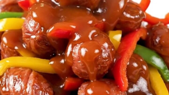 A plate of glossy, slow-cooked smoked sausage and sliced bell peppers in a sweet and sour sauce.