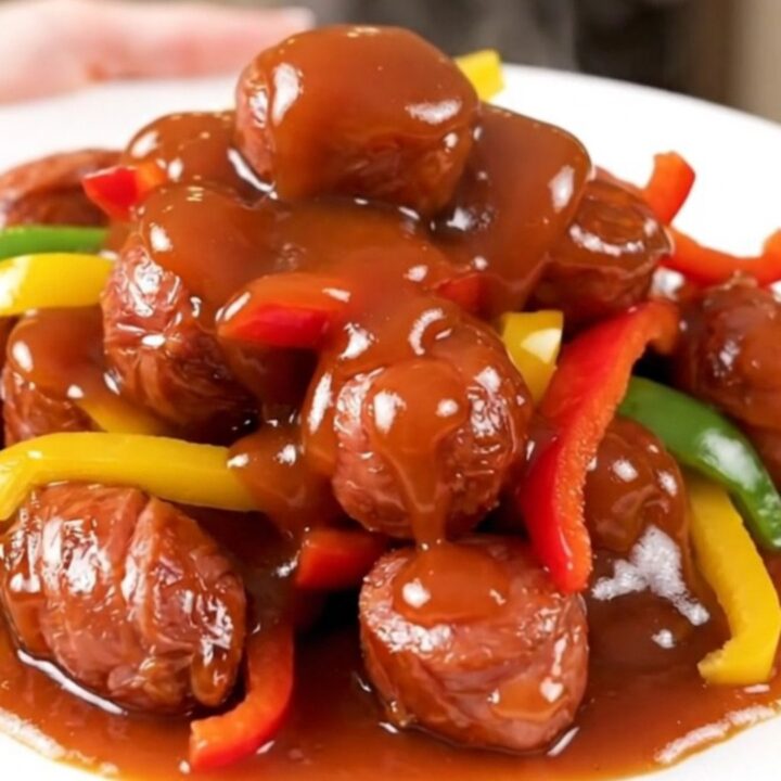 A plate of glossy, slow-cooked smoked sausage and sliced bell peppers in a sweet and sour sauce.
