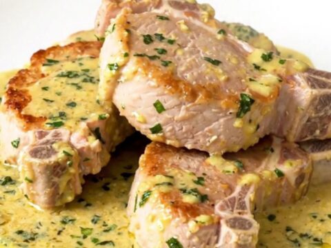 Creamy slow cooker pork chops with sliced mushrooms in a white bowl