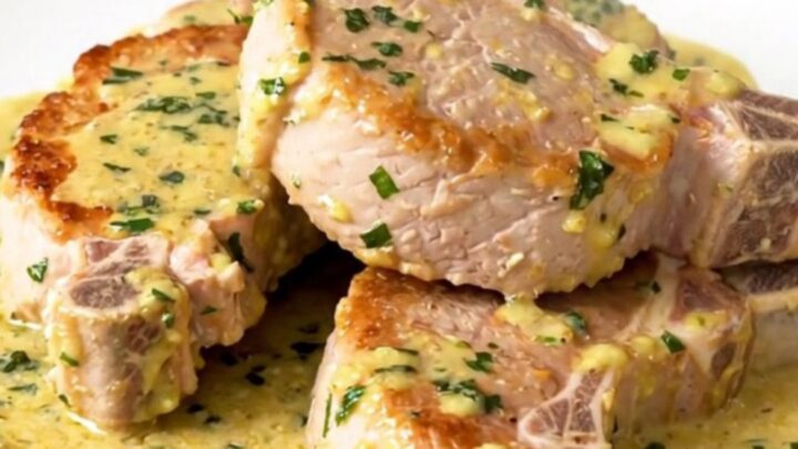 Creamy slow cooker pork chops with sliced mushrooms in a white bowl