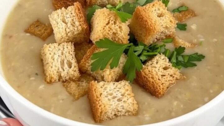 A steaming bowl of creamy potato soup garnished with golden-brown croutons and fresh green parsley.