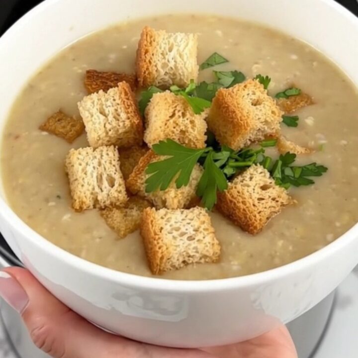 A steaming bowl of creamy potato soup garnished with golden-brown croutons and fresh green parsley.
