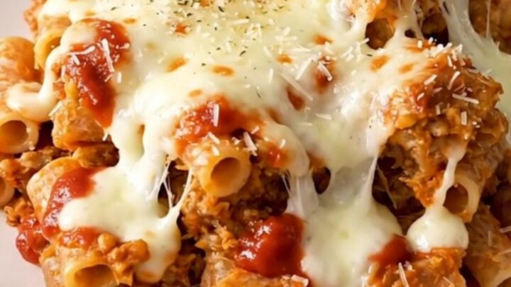 A top-down view of a black slow cooker filled with meatballs, peppers, and marinara sauce on a white quartz countertop.