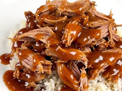 A close-up of slow-cooked pulled pork served over a bed of white rice in a white bowl.