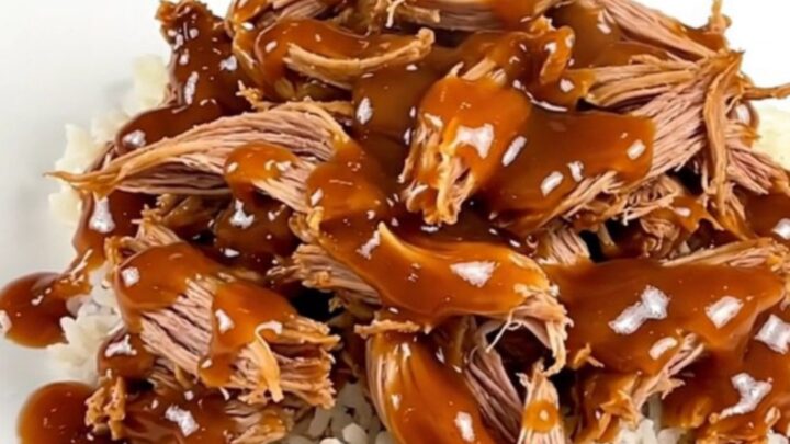 A close-up of slow-cooked pulled pork served over a bed of white rice in a white bowl.
