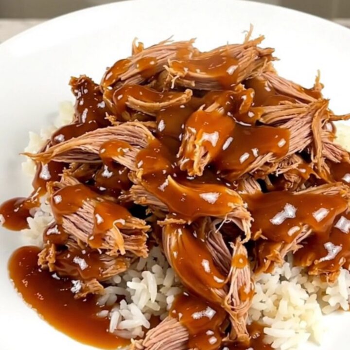A close-up of slow-cooked pulled pork served over a bed of white rice in a white bowl.