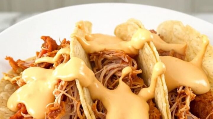 A close-up of creamy shredded chicken tacos on a white plate with a blurred kitchen background.