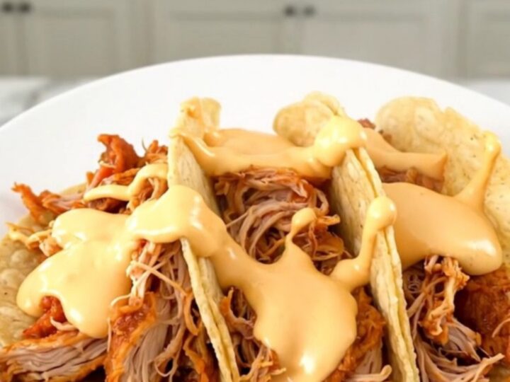 A close-up of creamy shredded chicken tacos on a white plate with a blurred kitchen background.