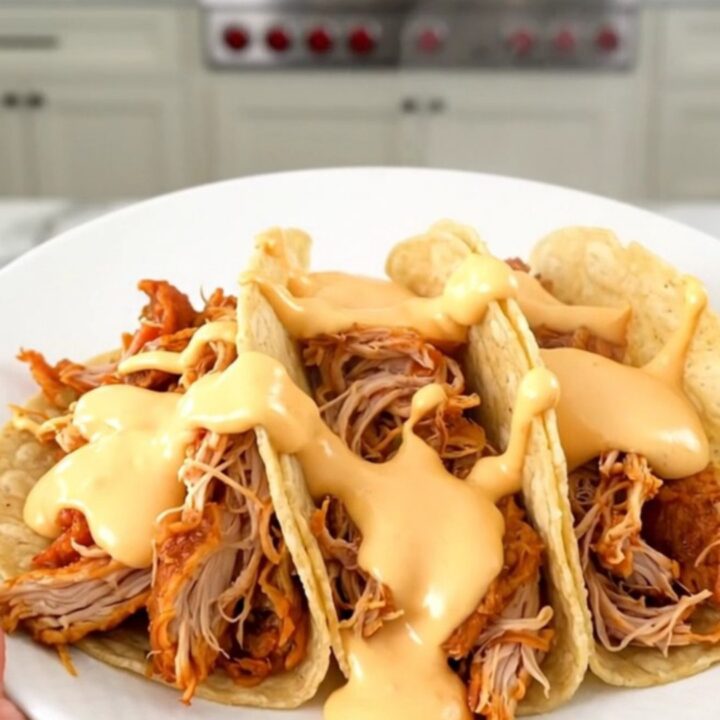 A close-up of creamy shredded chicken tacos on a white plate with a blurred kitchen background.