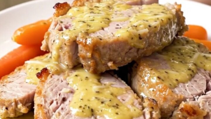 A top-down view of garlic parmesan pork tenderloin with glazed carrots in a slow cooker.