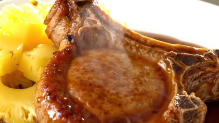 A close-up of a tender, glossy teriyaki glazed pork chop with pineapple chunks on a white plate.
