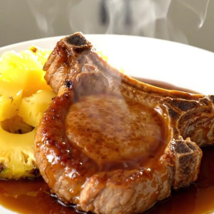 A close-up of a tender, glossy teriyaki glazed pork chop with pineapple chunks on a white plate.