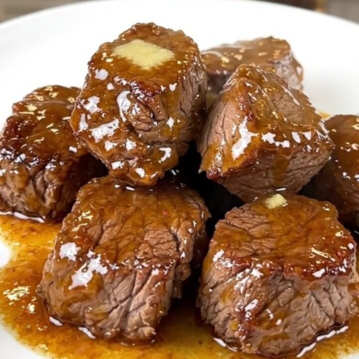 A plate of tender, glossy slow cooker steak bites with diced jalapenos in a rich butter glaze.