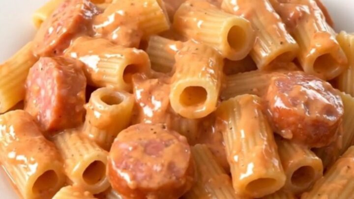 A close-up of a white plate filled with creamy Italian sausage and rigatoni pasta, steaming and topped with fresh herbs.