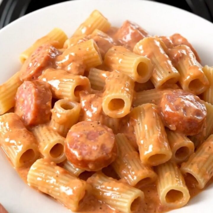 A close-up of a white plate filled with creamy Italian sausage and rigatoni pasta, steaming and topped with fresh herbs.