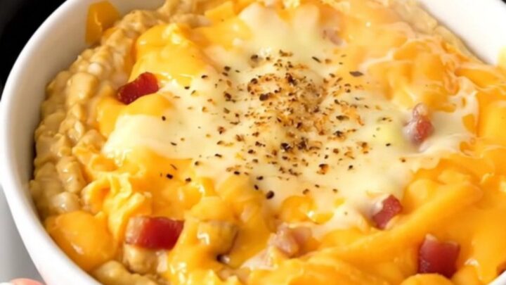 A white ceramic bowl filled with warm, melted bacon cheddar ranch dip, garnished with crispy bacon bits.