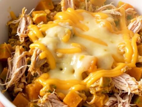 A white bowl filled with creamy shredded chicken, tender butternut squash, and melted cheddar sauce.