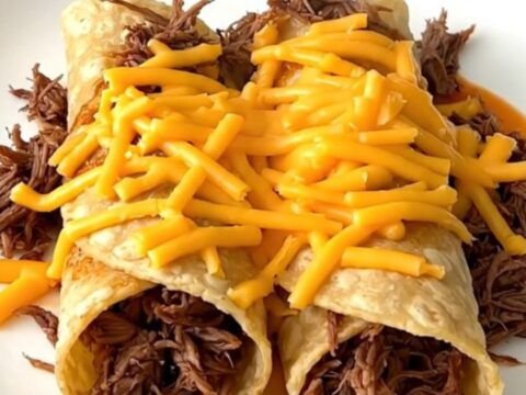 A close-up of tender, shredded enchilada beef served on a white plate with warm tortillas.