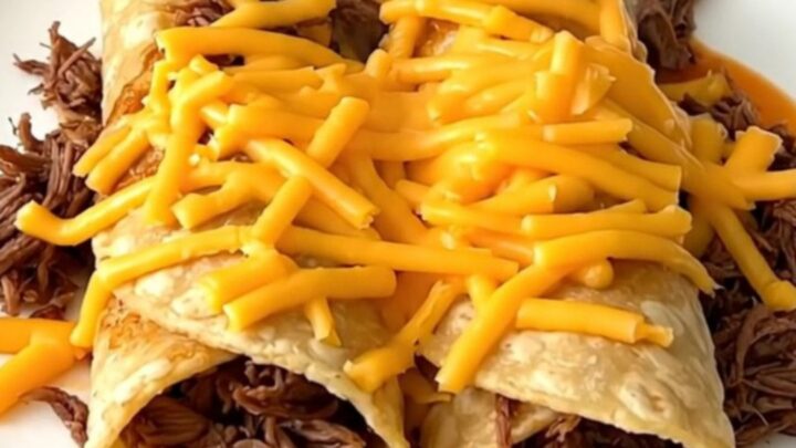 A close-up of tender, shredded enchilada beef served on a white plate with warm tortillas.