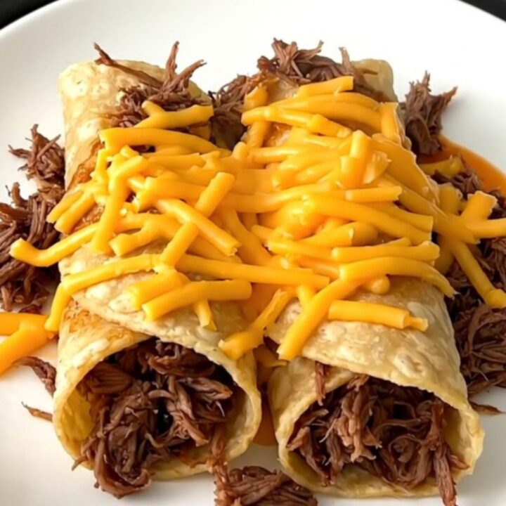 A close-up of tender, shredded enchilada beef served on a white plate with warm tortillas.