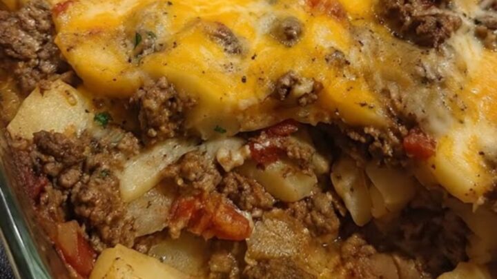 A hearty serving of cheesy hamburger potato casserole being lifted from a glass baking dish with a spatula.