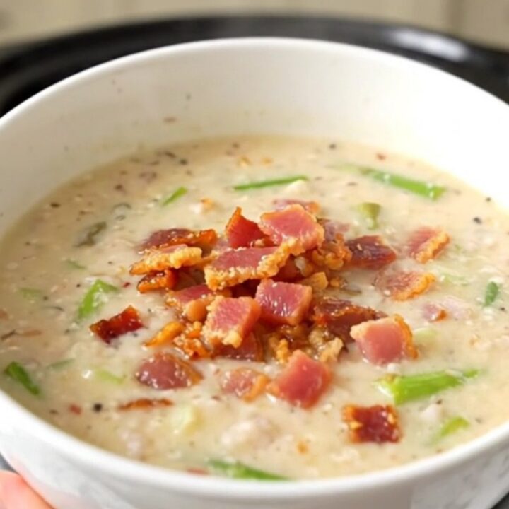 A steaming bowl of creamy bacon and asparagus chowder on a white background.