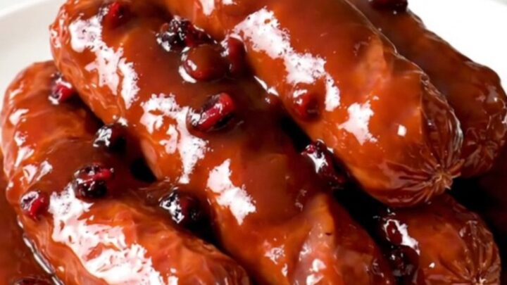 A slow cooker filled with sliced kielbasa and onions in a rich barbecue glaze on a white countertop.