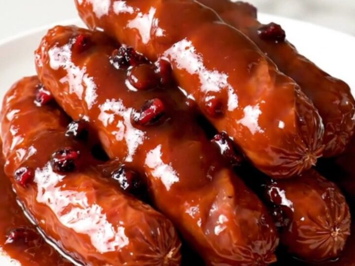 A slow cooker filled with sliced kielbasa and onions in a rich barbecue glaze on a white countertop.