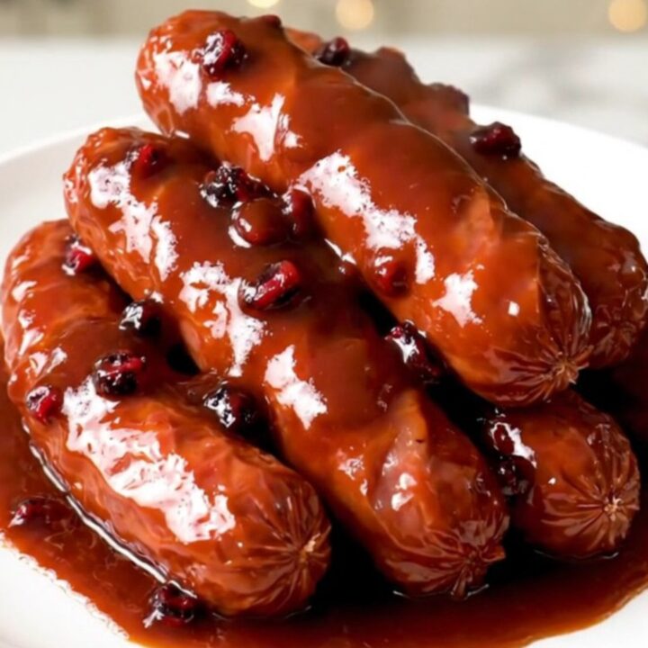 A slow cooker filled with sliced kielbasa and onions in a rich barbecue glaze on a white countertop.