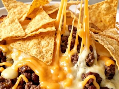 A top-down view of a slow cooker filled with a rich, cheesy beef and bean casserole topped with tortilla chips.