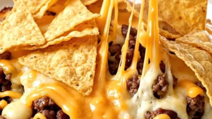 A top-down view of a slow cooker filled with a rich, cheesy beef and bean casserole topped with tortilla chips.