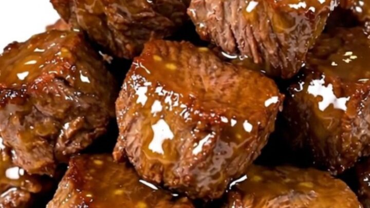 A white plate filled with glossy, glazed honey mustard steak bites with a soft-focus background.