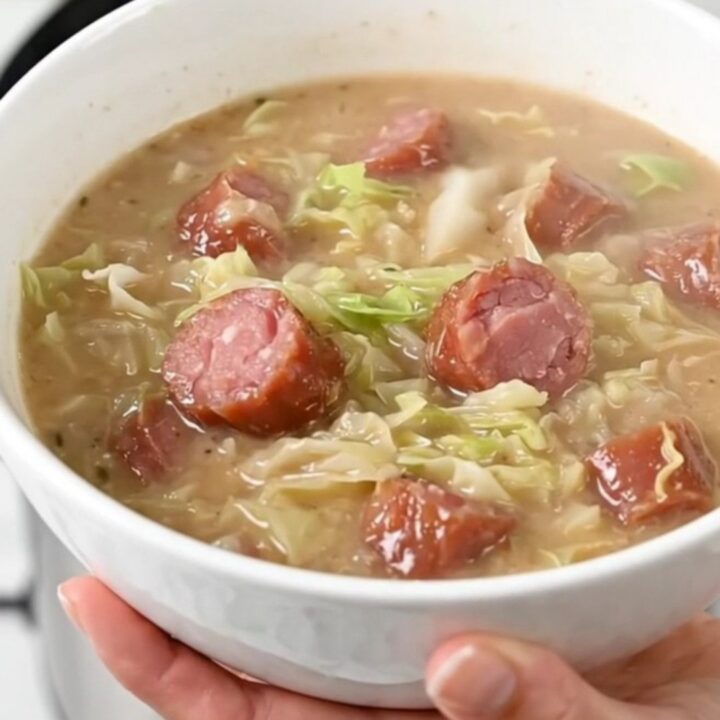 A steaming bowl of creamy kielbasa and cabbage chowder served in a white bowl.
