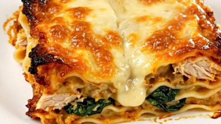 A top-down view of a slow cooker filled with raw chicken, spinach, artichoke, and creamy Alfredo sauce.