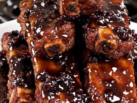 A top-down view of tender, glazed blackberry barbecue ribs on a clean white plate.