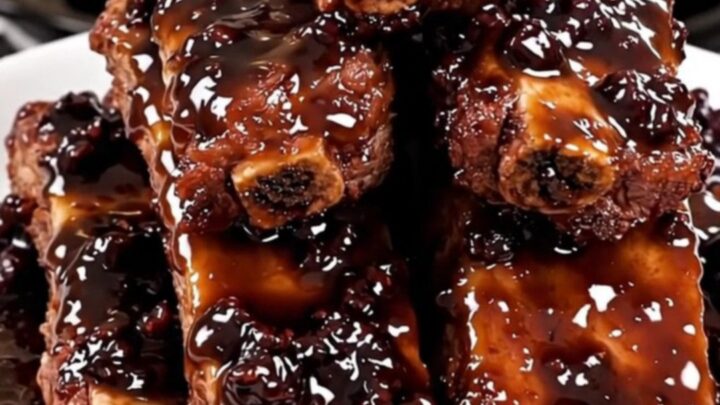 A top-down view of tender, glazed blackberry barbecue ribs on a clean white plate.