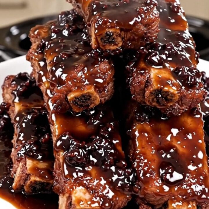 A top-down view of tender, glazed blackberry barbecue ribs on a clean white plate.