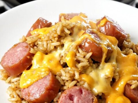 A slow cooker filled with bratwurst and rice, showing a rich and hearty texture.