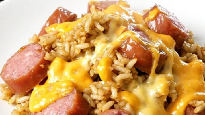 A slow cooker filled with bratwurst and rice, showing a rich and hearty texture.