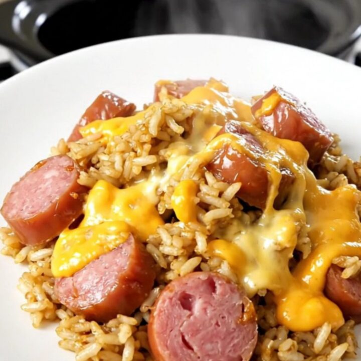 A slow cooker filled with bratwurst and rice, showing a rich and hearty texture.