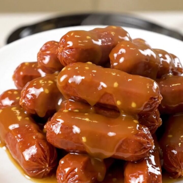 A slow cooker filled with glazed honey mustard cocktail smokies on a speckled countertop.