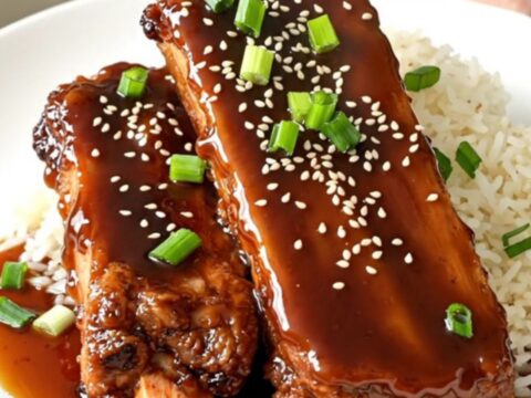 Slow cooker filled with country-style pork ribs glazed in a rich teriyaki and ginger sauce on a quartz countertop.
