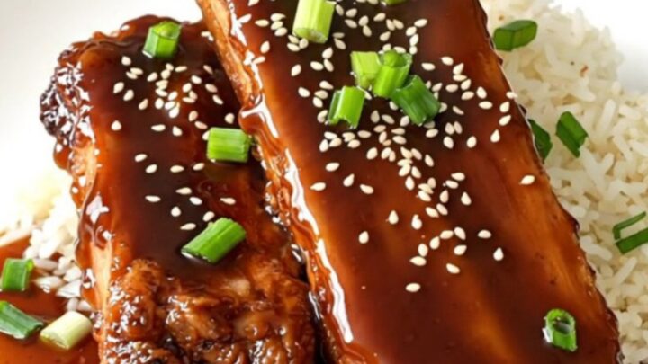 Slow cooker filled with country-style pork ribs glazed in a rich teriyaki and ginger sauce on a quartz countertop.