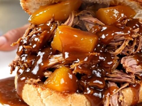 A close-up of a tender pulled pork sandwich with peach pieces on a toasted bun.